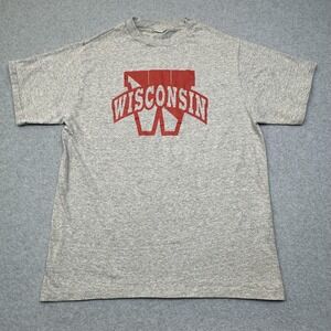 VTG Wisconsin Badgers T-Shirt Mens L Gray 90s Single Stitch MacGregor‎ Sand Knit